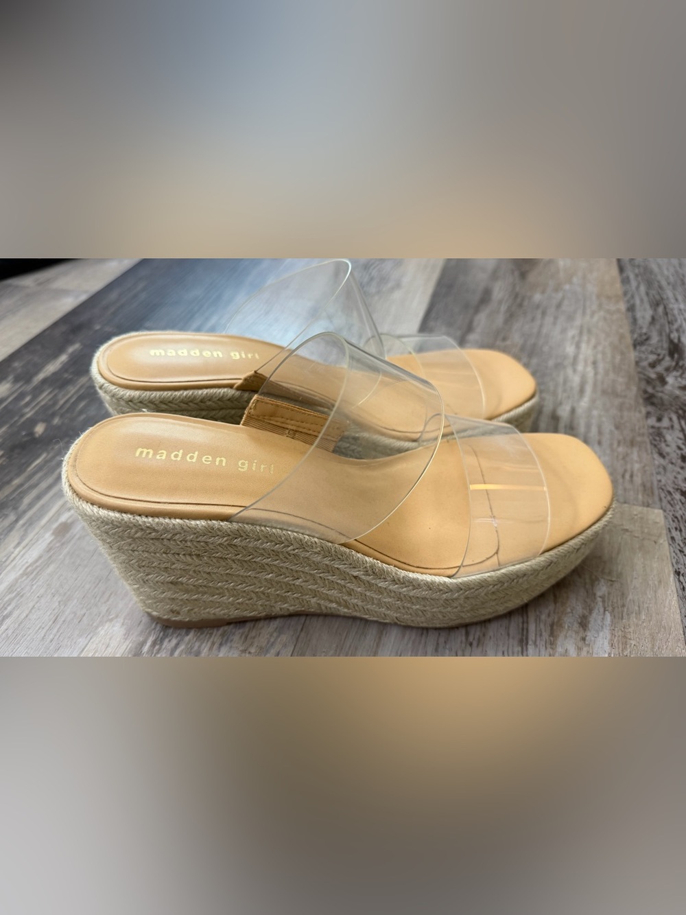 Madden Girl Clear Strap Espadrille Wedges in Tan